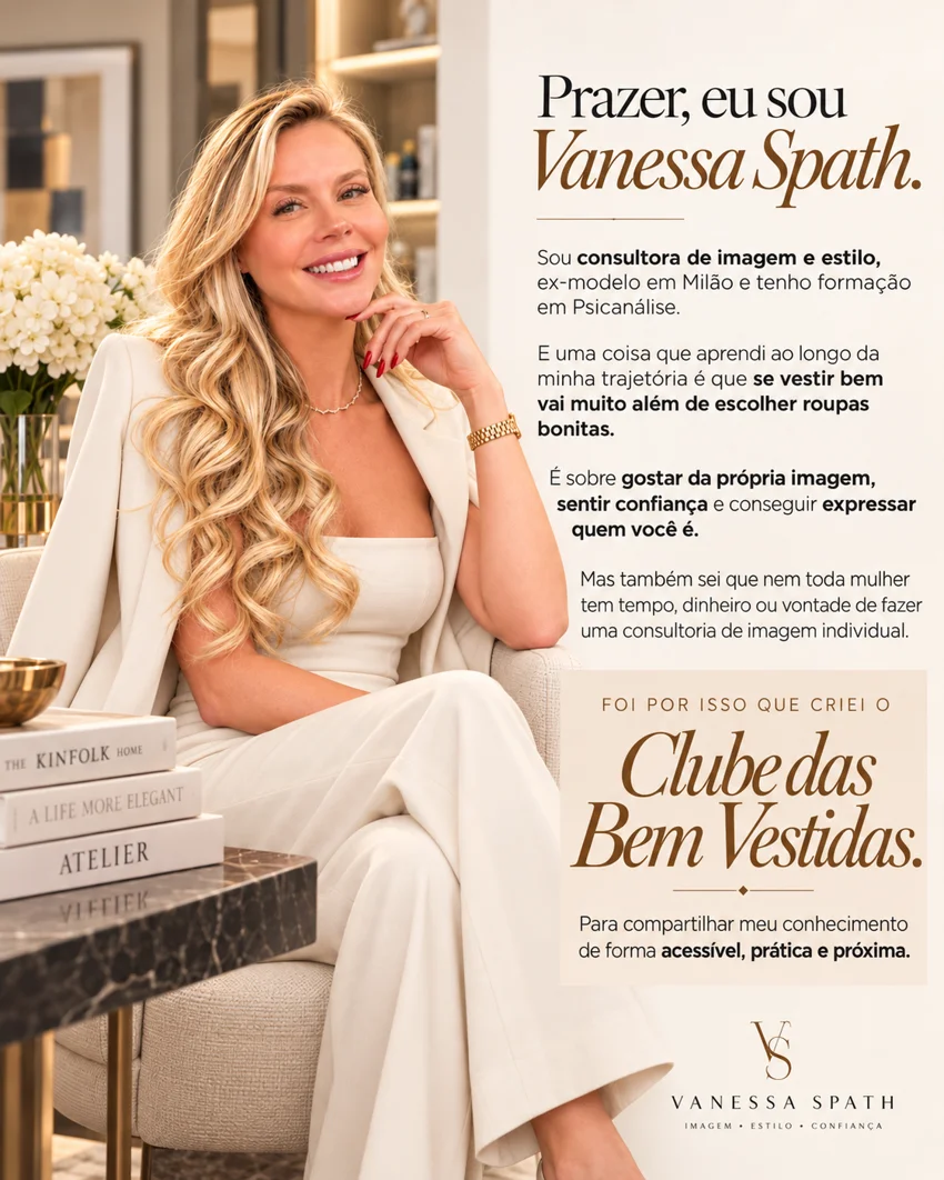 Vanessa Spath sentada, vestindo branco, ao lado de sua apresentação como consultora de imagem e estilo e criadora do Clube das Bem Vestidas